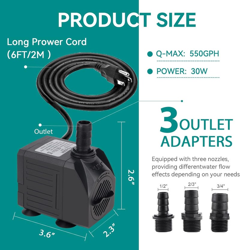 FREESEA Aquarium Submersible Fountain Pump: 30W 550GPH Adjustable Quiet Water Pumps with 7.2ft High Lift for Small Pond | Waterfall | Outdoor | Statuary | Hydroponic (550GPH) - Image 2
